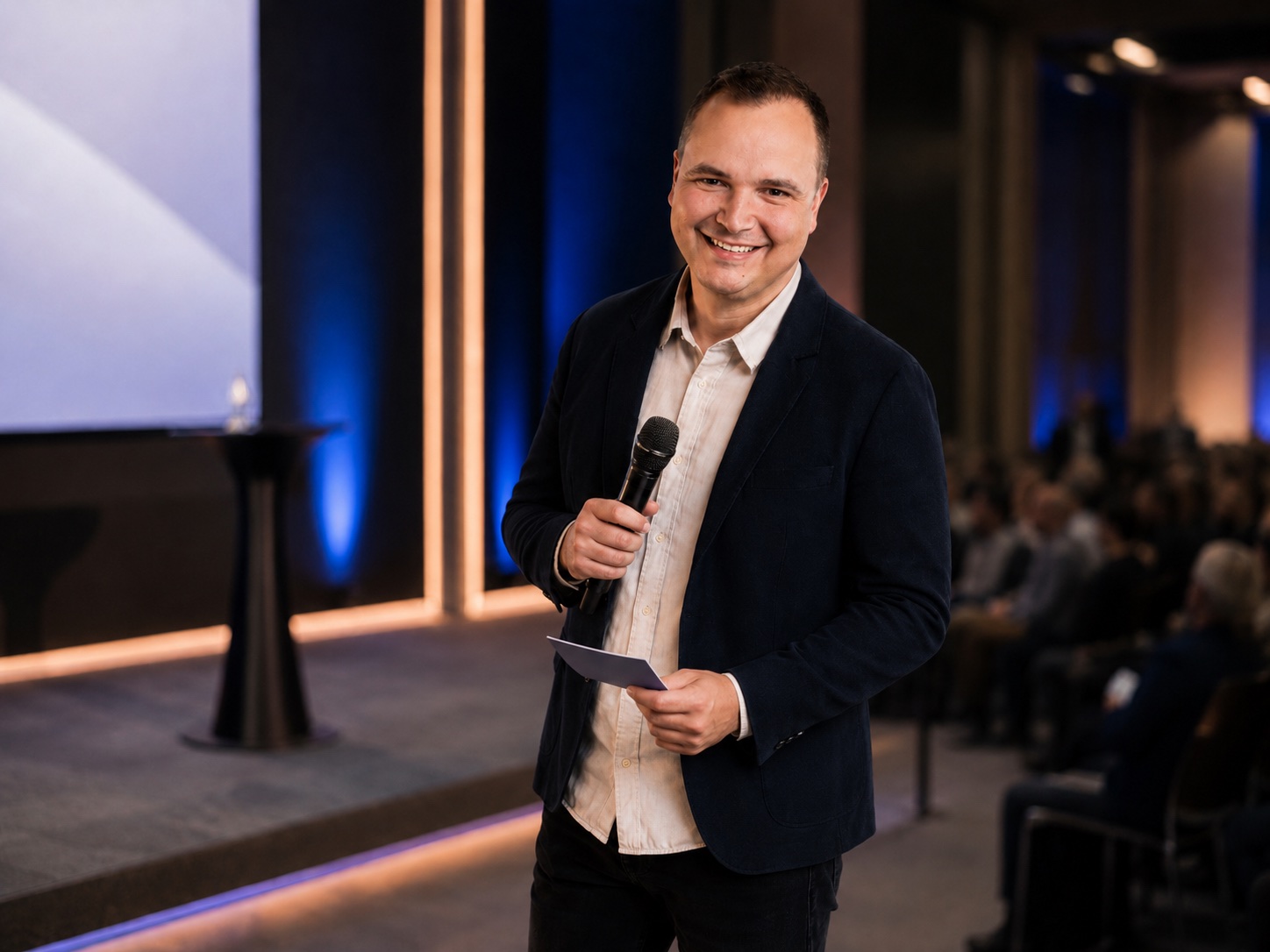 Eventmoderator Paul Schröder mit Mikrofon und Moderationskarten